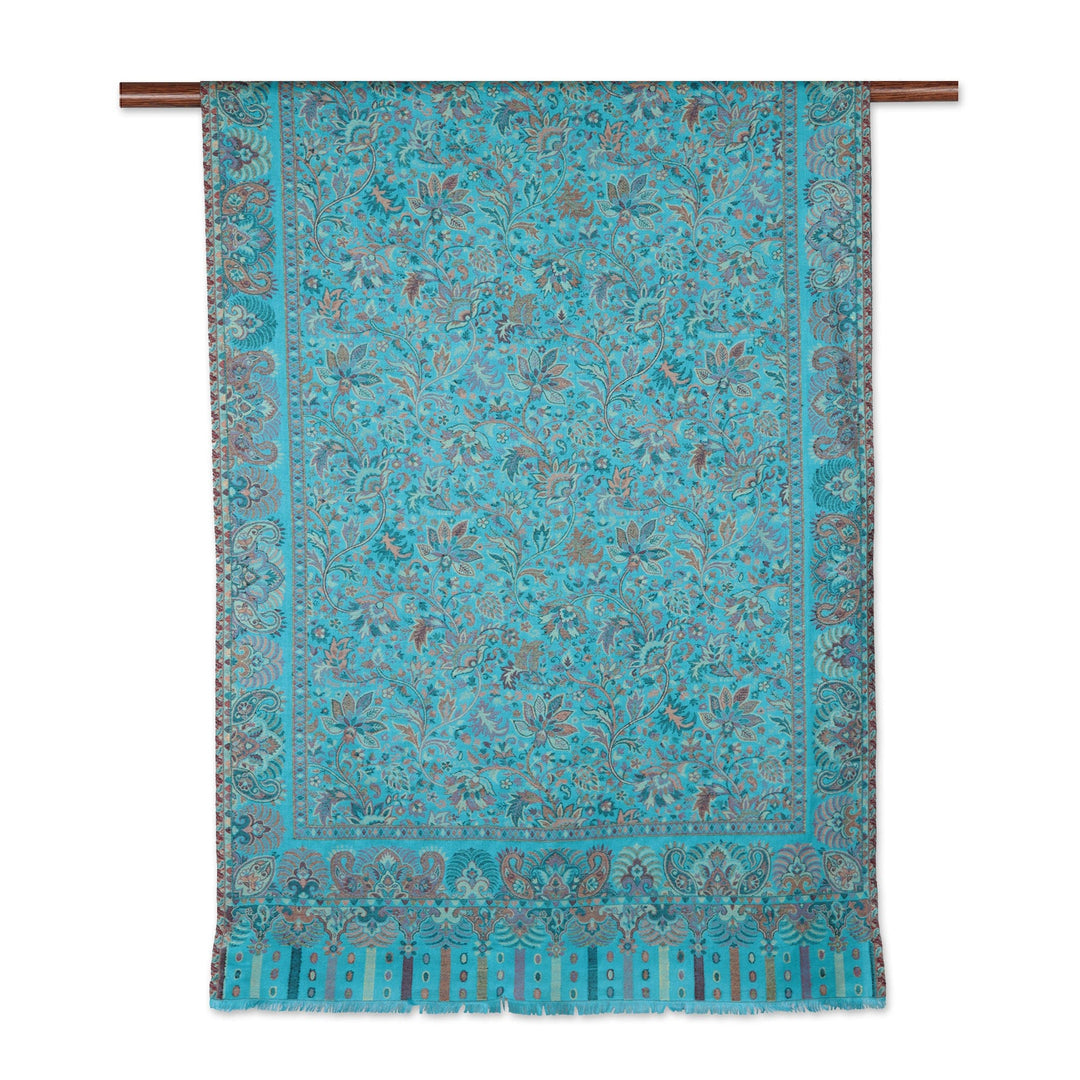 Jacquard Paisley and Floral Shawl in Turquoise - Turquoise Paisley Garden
