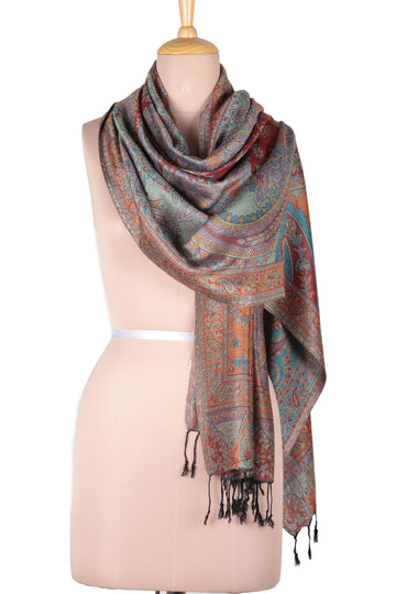 Reversible Modal Jacquard Shawl in Muted Jewel Tones - Paisley Delight