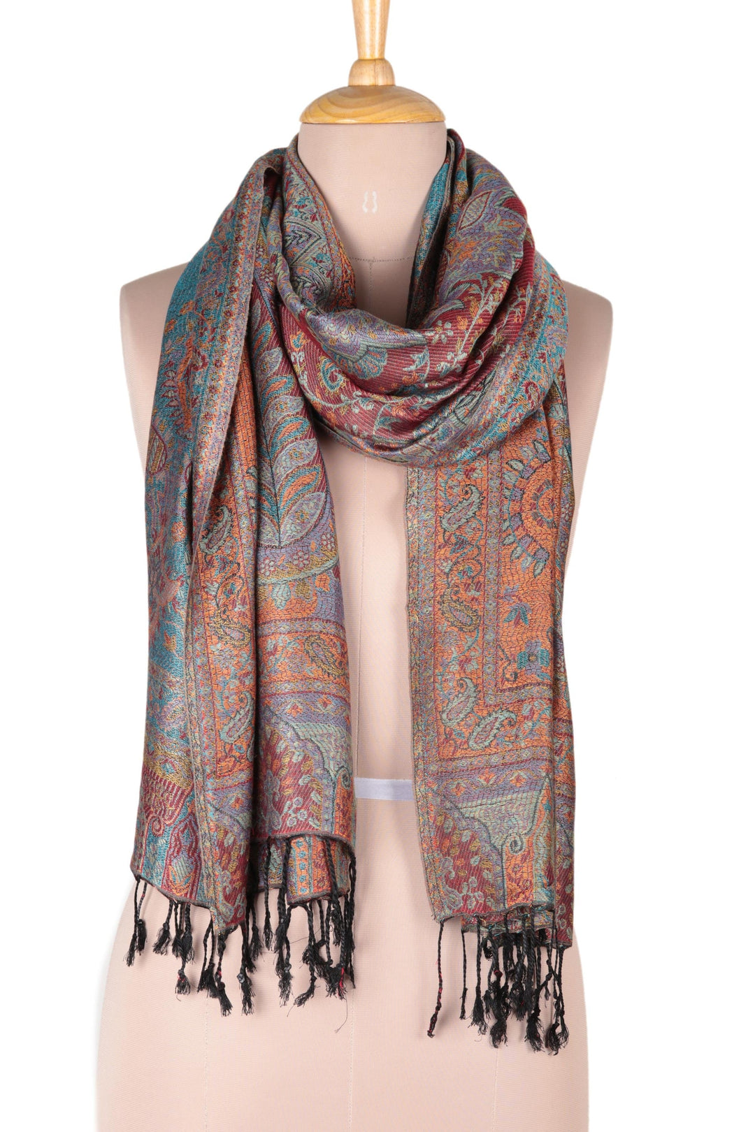 Reversible Modal Jacquard Shawl in Muted Jewel Tones - Paisley Delight