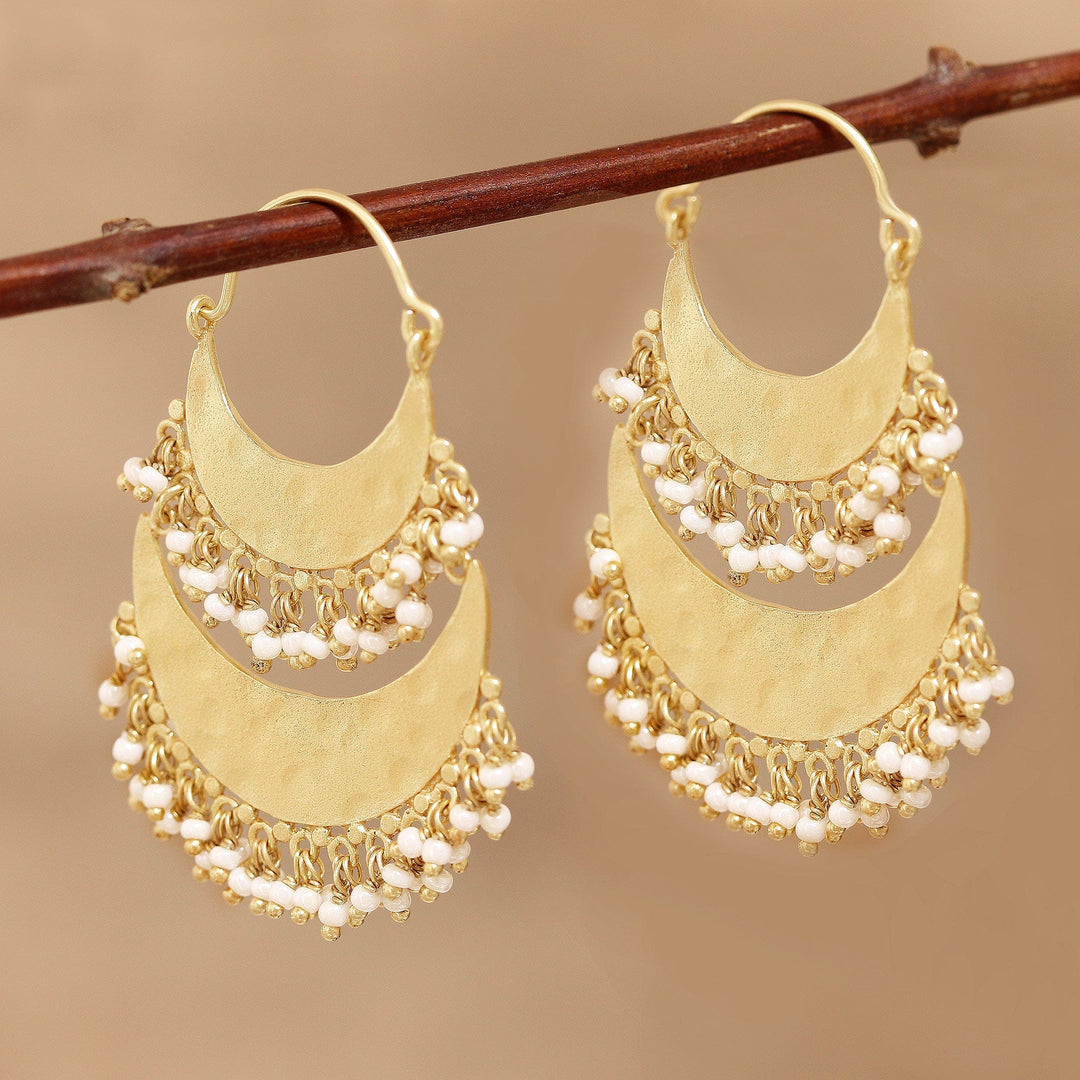 22K Gold Plated Crescents Hoop Earrings with Cultured Pearls - Magnificent Crescents