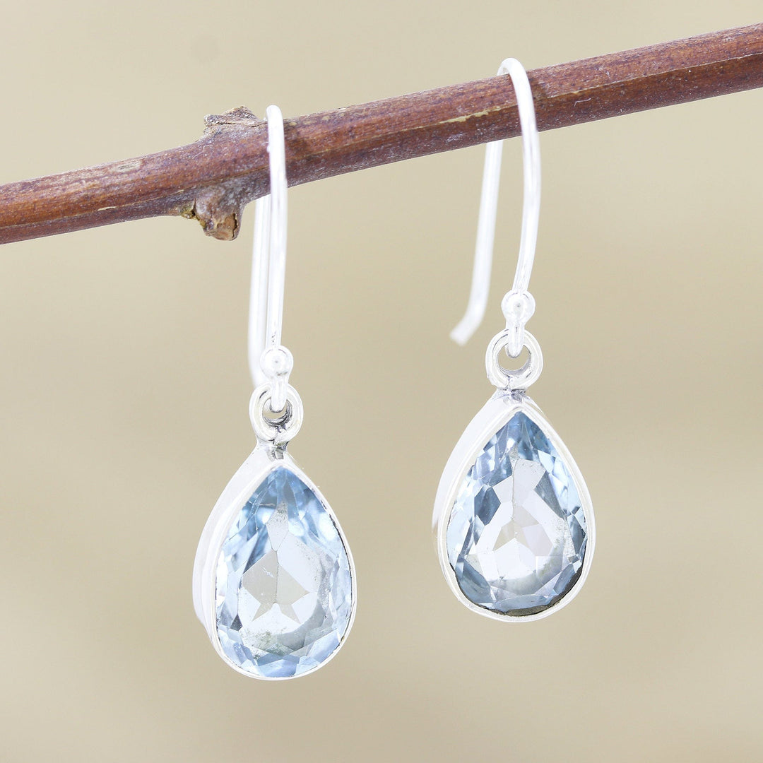 Teardrop Faceted Blue Topaz Silver Dangle Earrings - Blue Droplets
