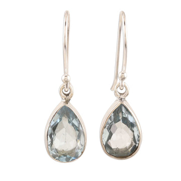 Teardrop Faceted Blue Topaz Silver Dangle Earrings - Blue Droplets