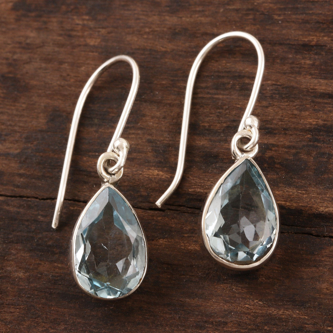 Teardrop Faceted Blue Topaz Silver Dangle Earrings - Blue Droplets