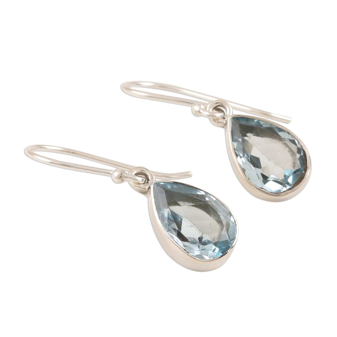 Teardrop Faceted Blue Topaz Silver Dangle Earrings - Blue Droplets