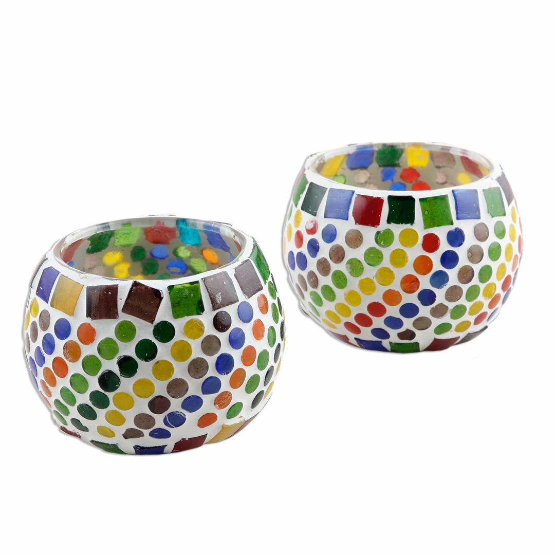 Glass Mosaic Tealight Candleholders (Pair) - Festive Rainbow