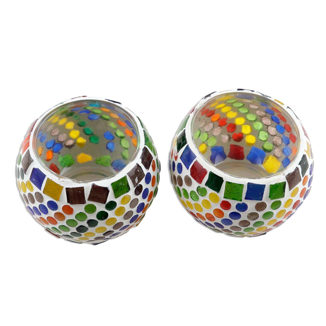 Glass Mosaic Tealight Candleholders (Pair) - Festive Rainbow