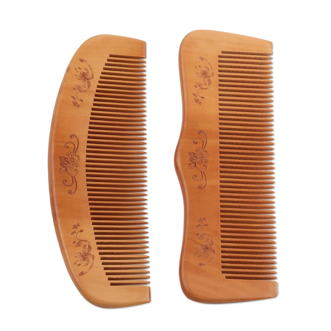 Cane Wood Hand Carved Set of 2 Combs - Floral Delight