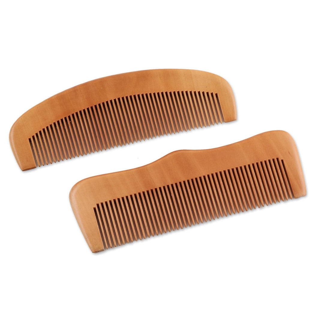 Cane Wood Hand Carved Set of 2 Combs - Floral Delight