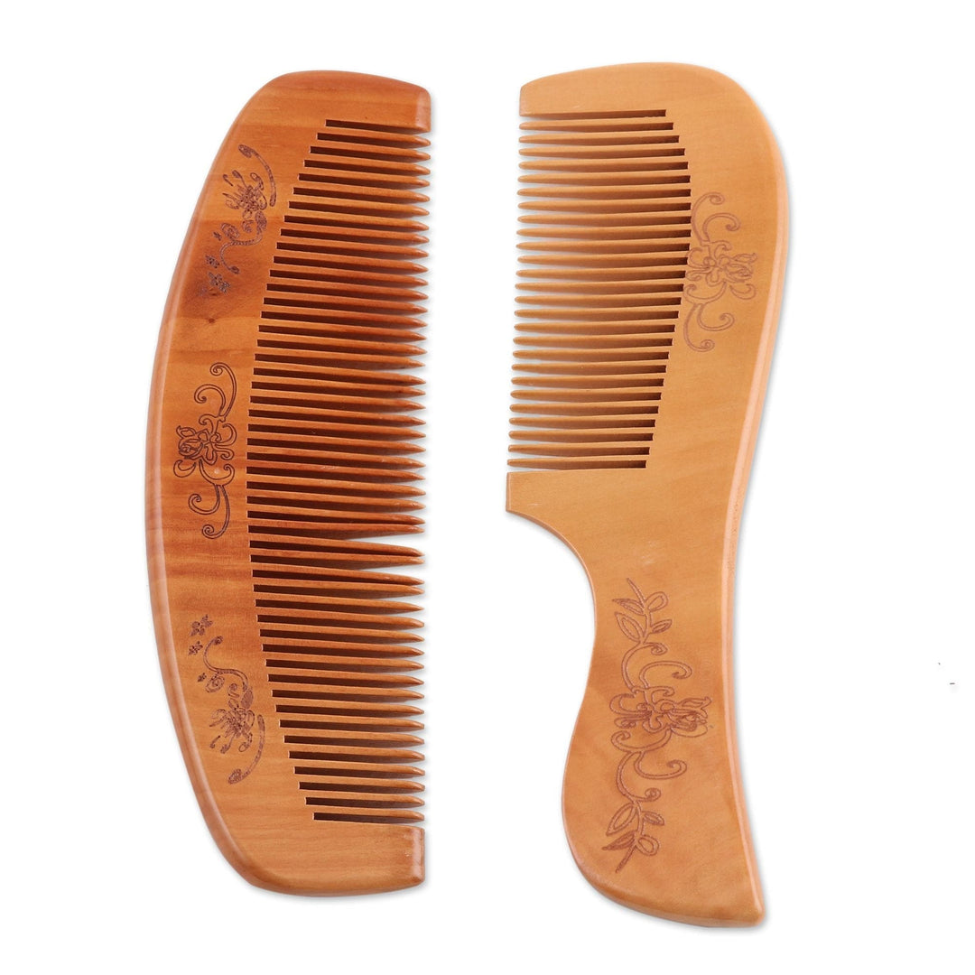 Hand Crafted Floral Wood Combs (Pair) - Floral Charm