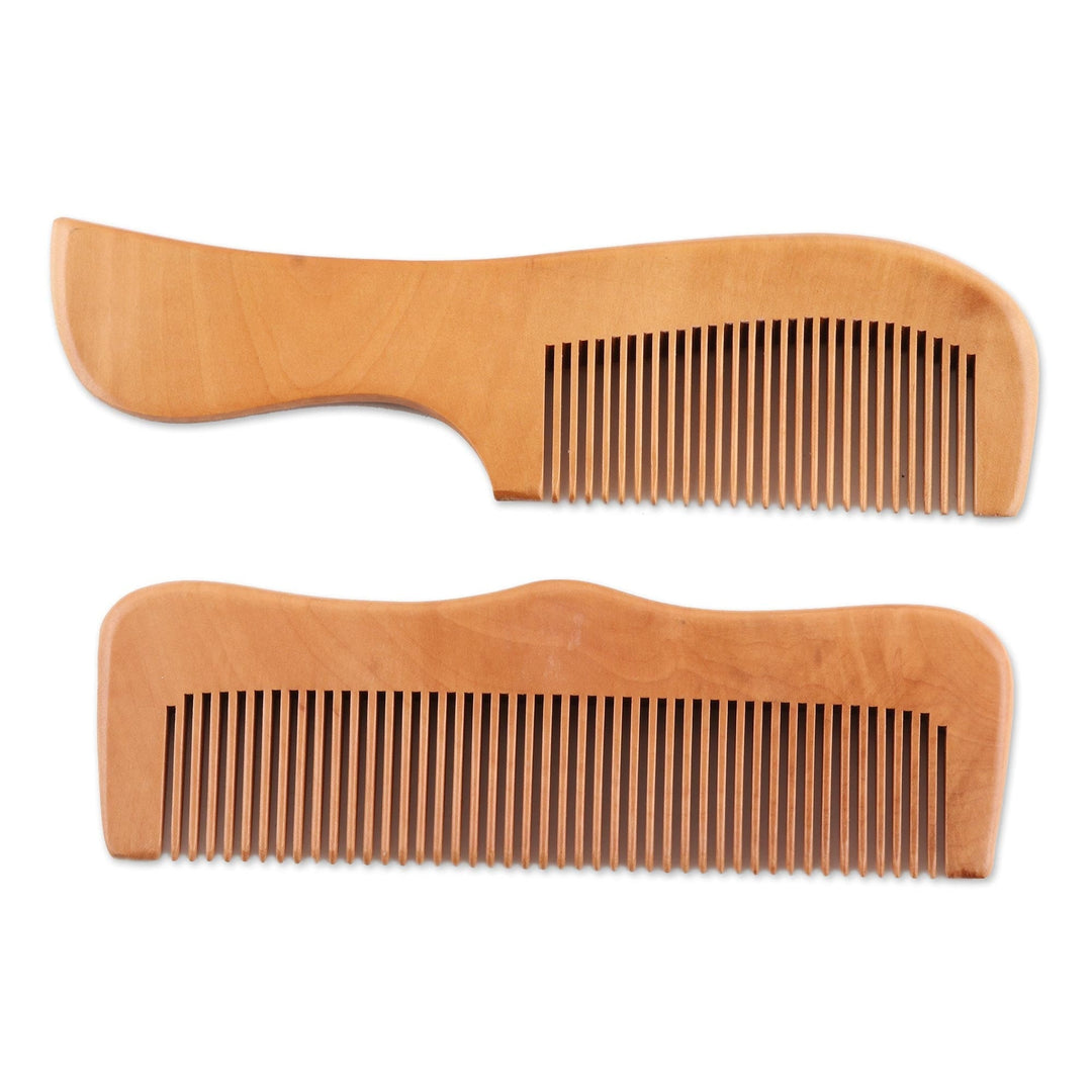 Handcrafted Cane Wood Combs with Engraved Flowers (Pair) - Floral Fascination