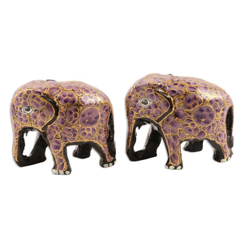 Purple and Gold Floral Papier Mache Elephants (Pair) - Purple Flower Friends