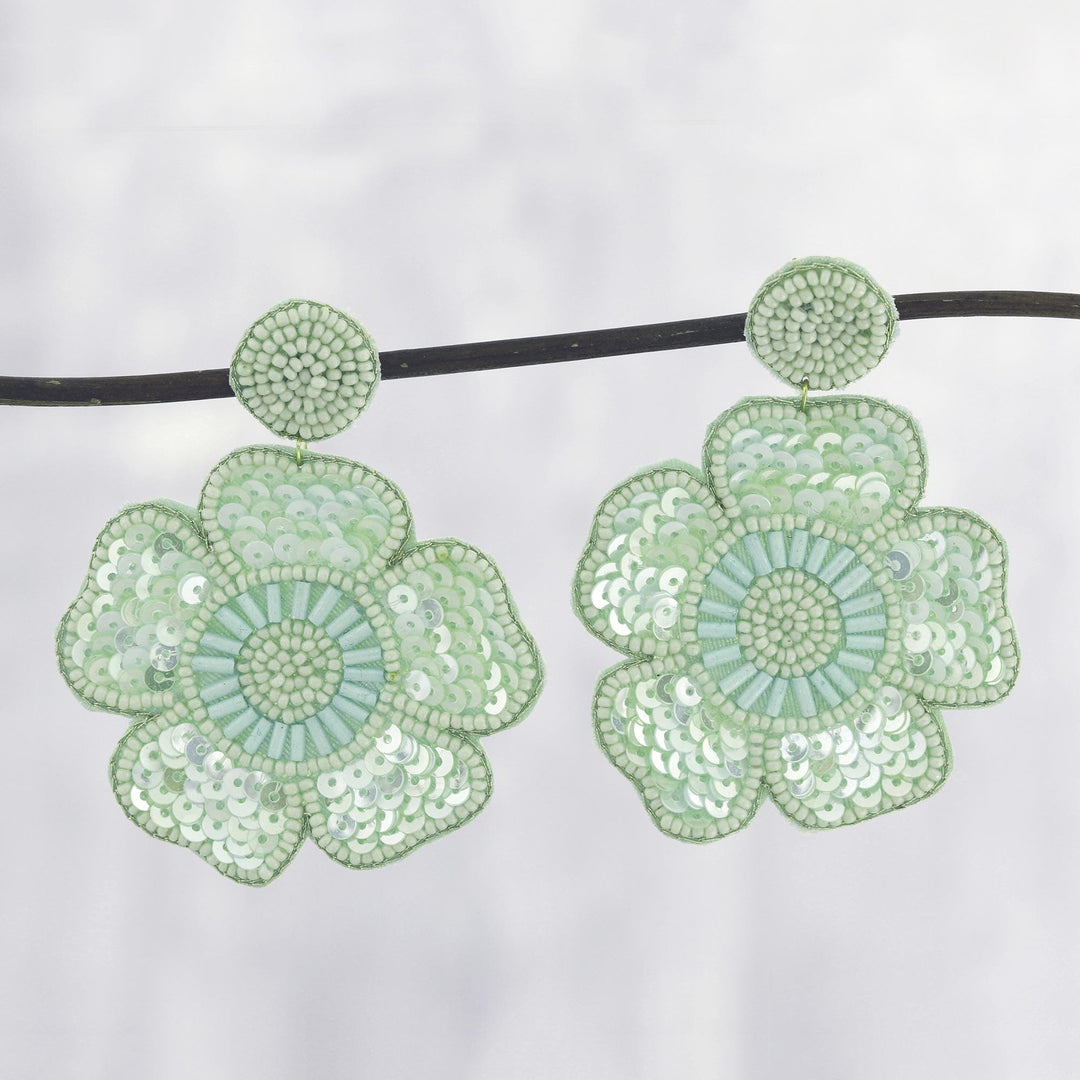 Glass Beaded Green Flower Dangle Earrings - Floral Beauty in Green