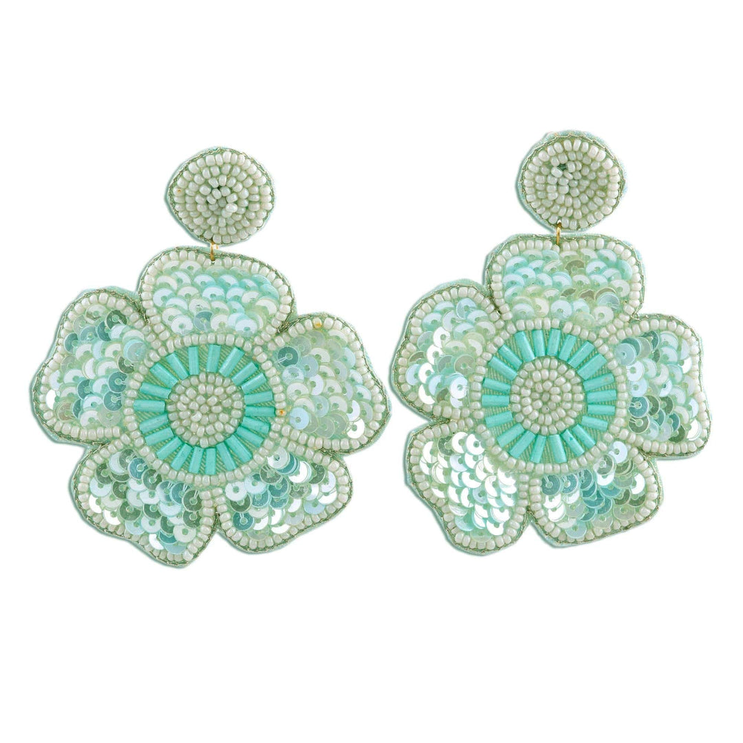 Glass Beaded Green Flower Dangle Earrings - Floral Beauty in Green