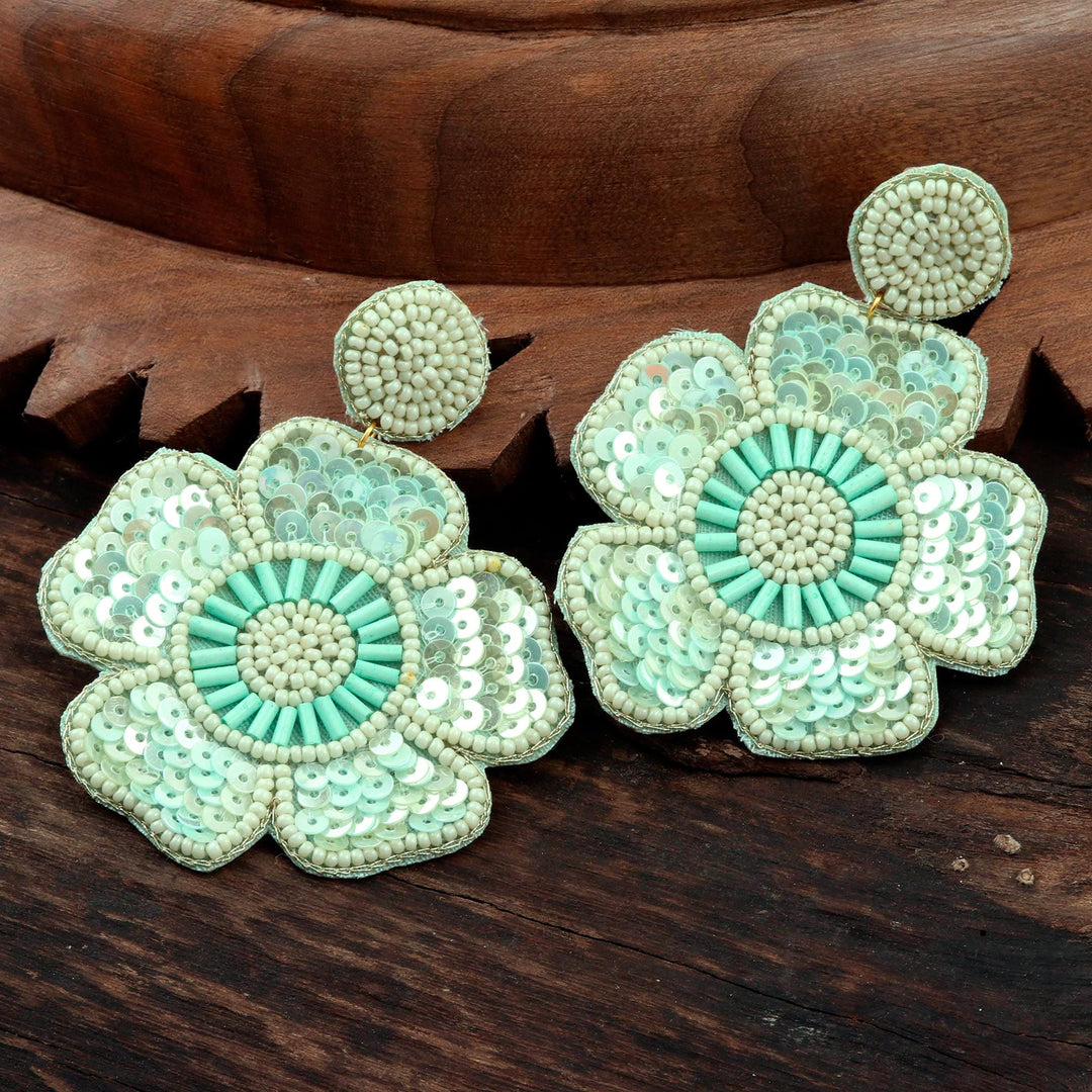 Glass Beaded Green Flower Dangle Earrings - Floral Beauty in Green