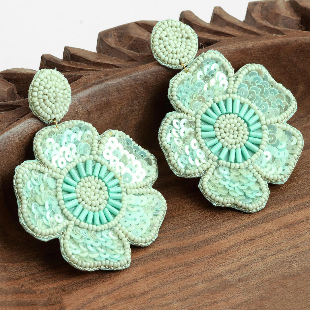 Glass Beaded Green Flower Dangle Earrings - Floral Beauty in Green