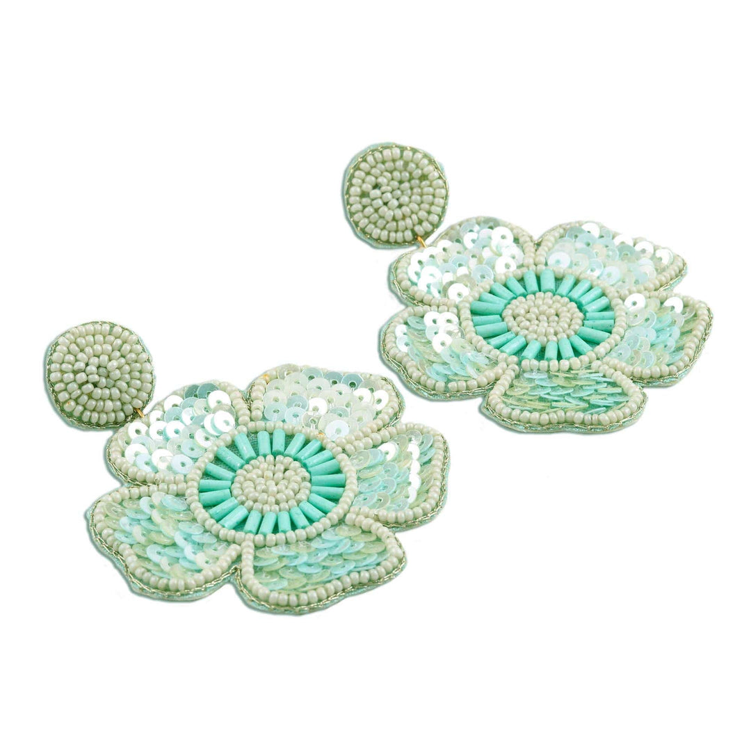 Glass Beaded Green Flower Dangle Earrings - Floral Beauty in Green