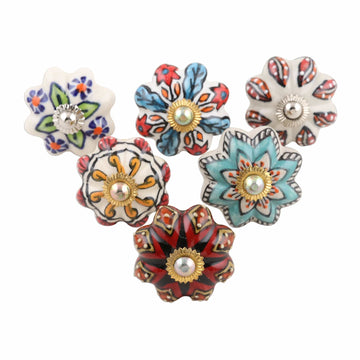 Six Unique Colorful Ceramic Flower Knobs - Bohemian Bouquet