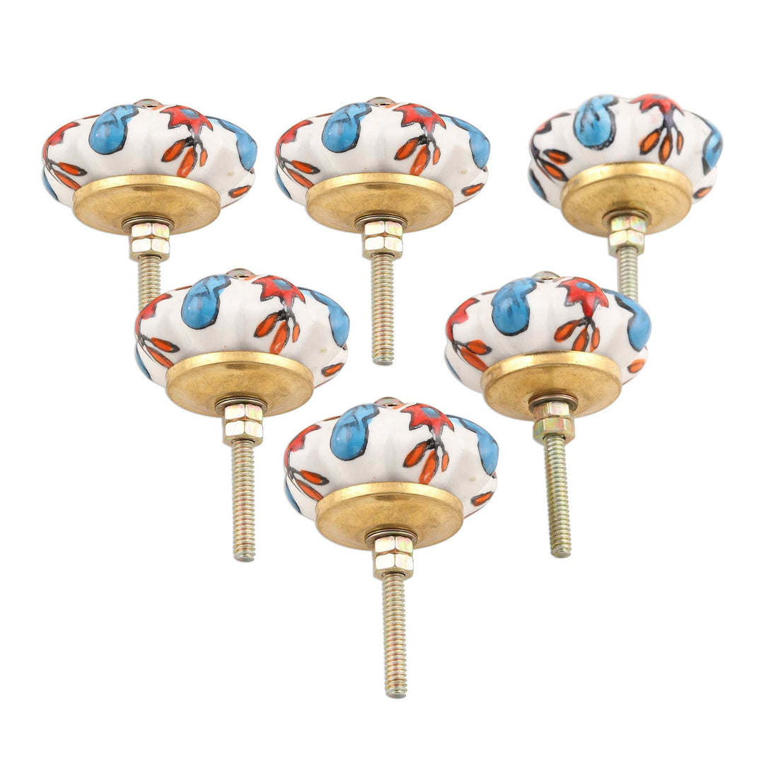 Set of 6 Hand Painted Ceramic Drawer Pulls/Knobs - Flowery Glory