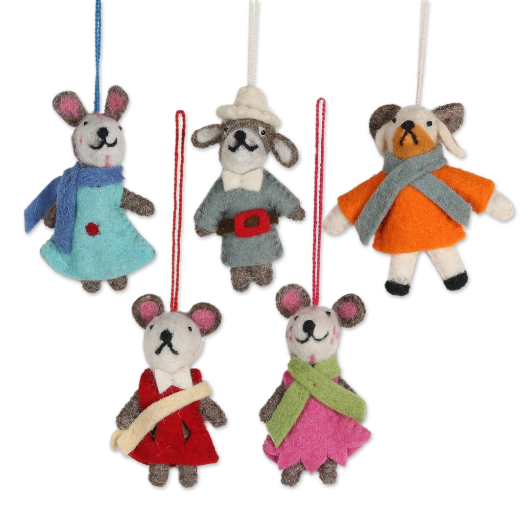 Wool Ornaments -Set of 5 - Caroling Bunnies