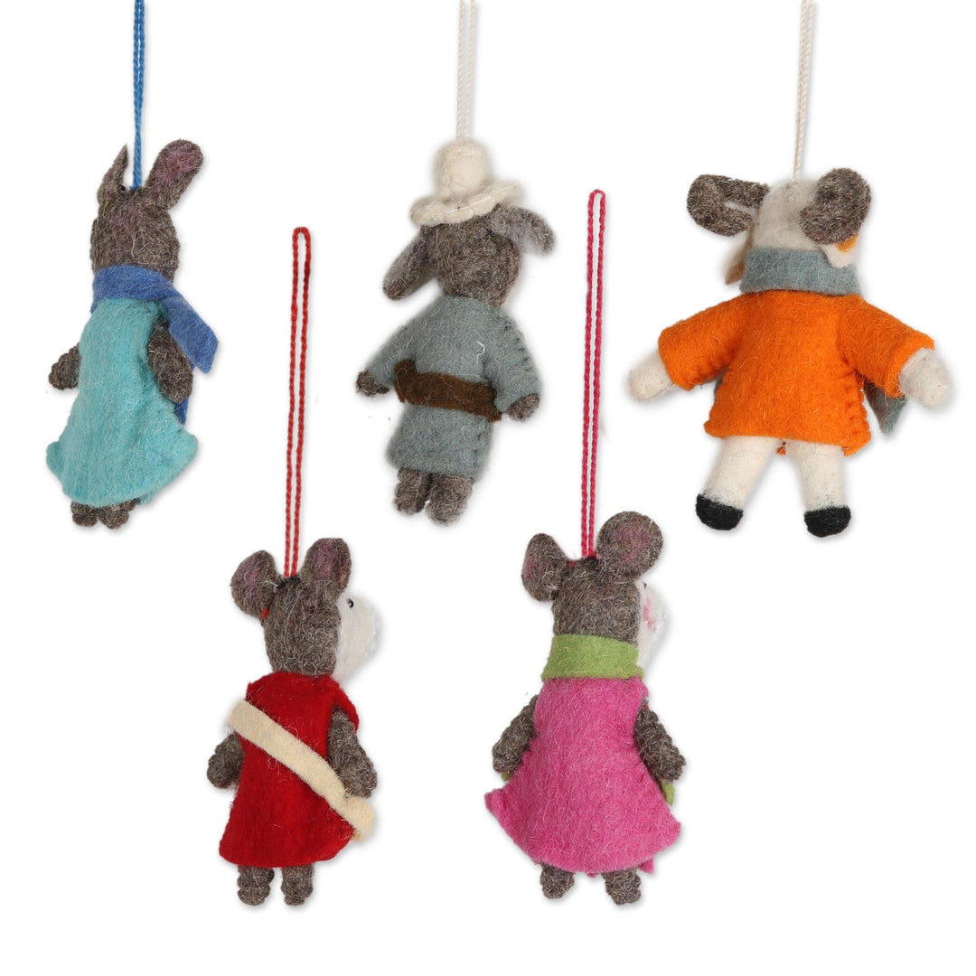 Wool Ornaments -Set of 5 - Caroling Bunnies
