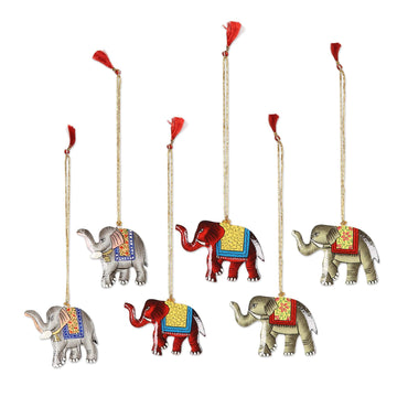 Wood Ornaments - Set of 6 - Festive Elephants