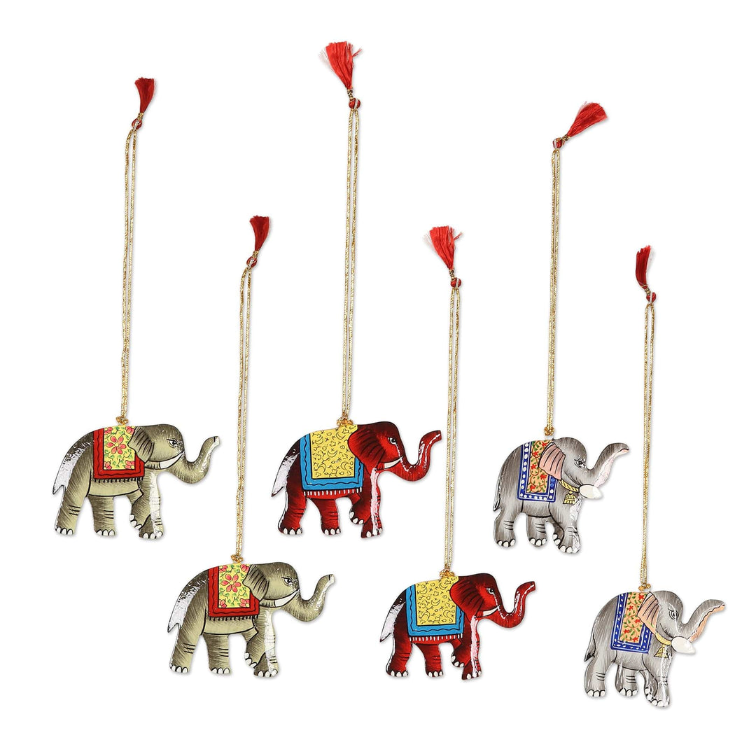 Wood Ornaments - Set of 6 - Festive Elephants