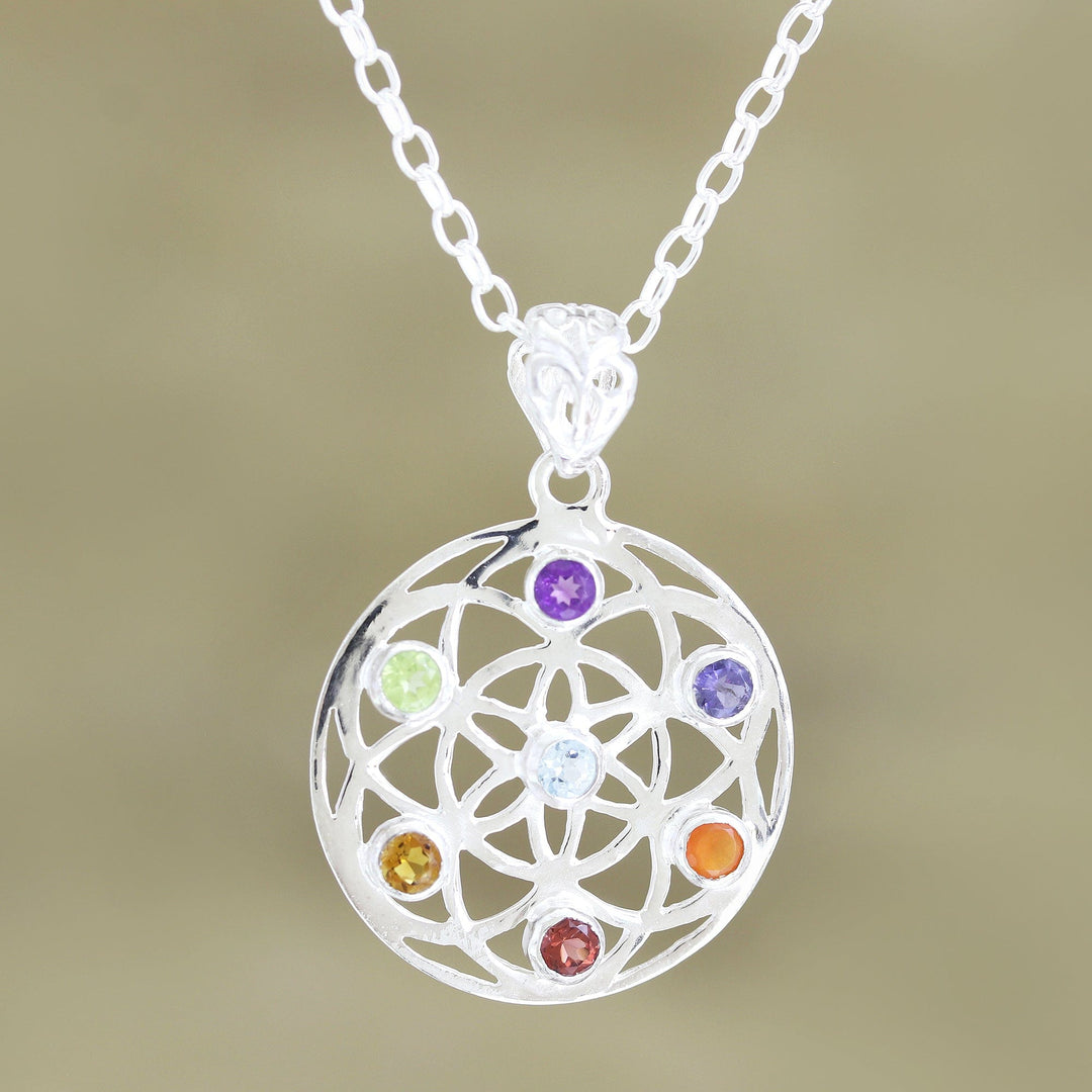 Multi-Gemstone and Sterling Silver Chakra Pendant Necklace - Chakra Medallion