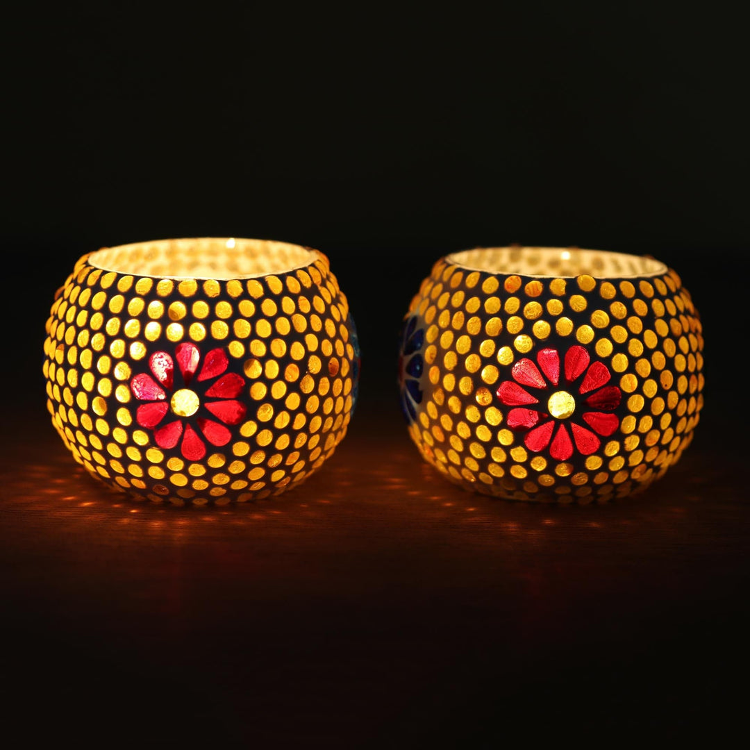 Floral Glass Mosaic Tealight Holders (Pair) - Floral Lights