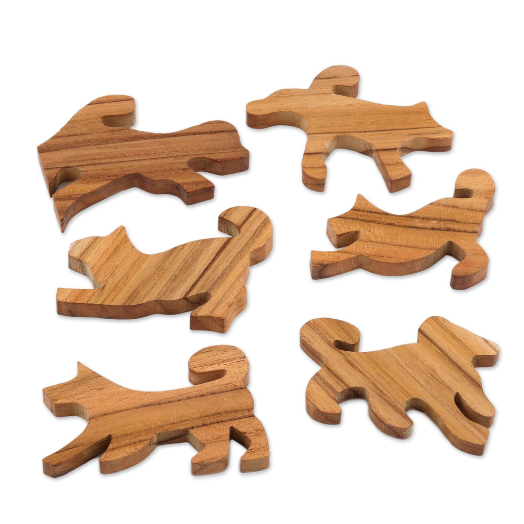 Hand Made Teak Dog-Themed Stacking Game (6 Pieces) - Ninja Dogs