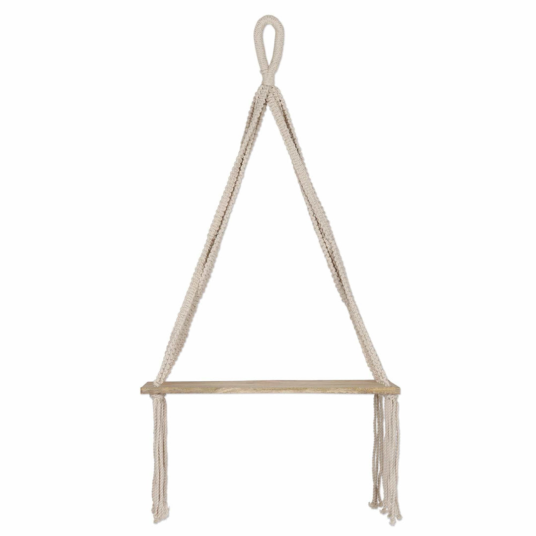 Macrame Cotton and Mango Wood Hanging Shelf - Bohemian Grove