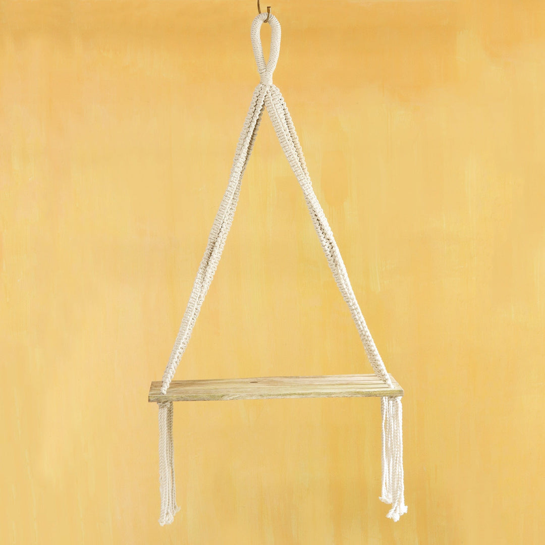 Macrame Cotton and Mango Wood Hanging Shelf - Bohemian Grove