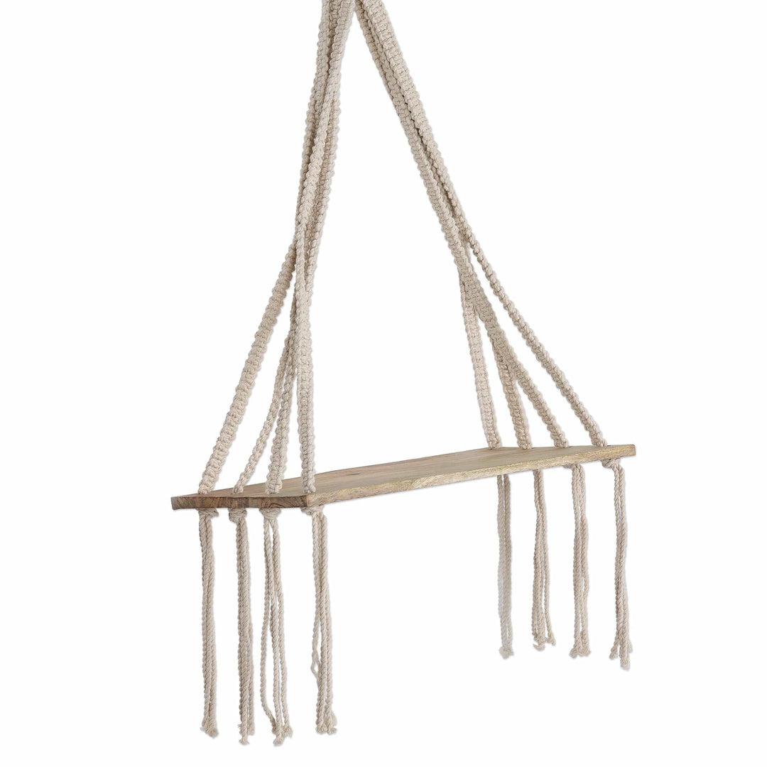 Macrame Cotton and Mango Wood Hanging Shelf - Bohemian Grove