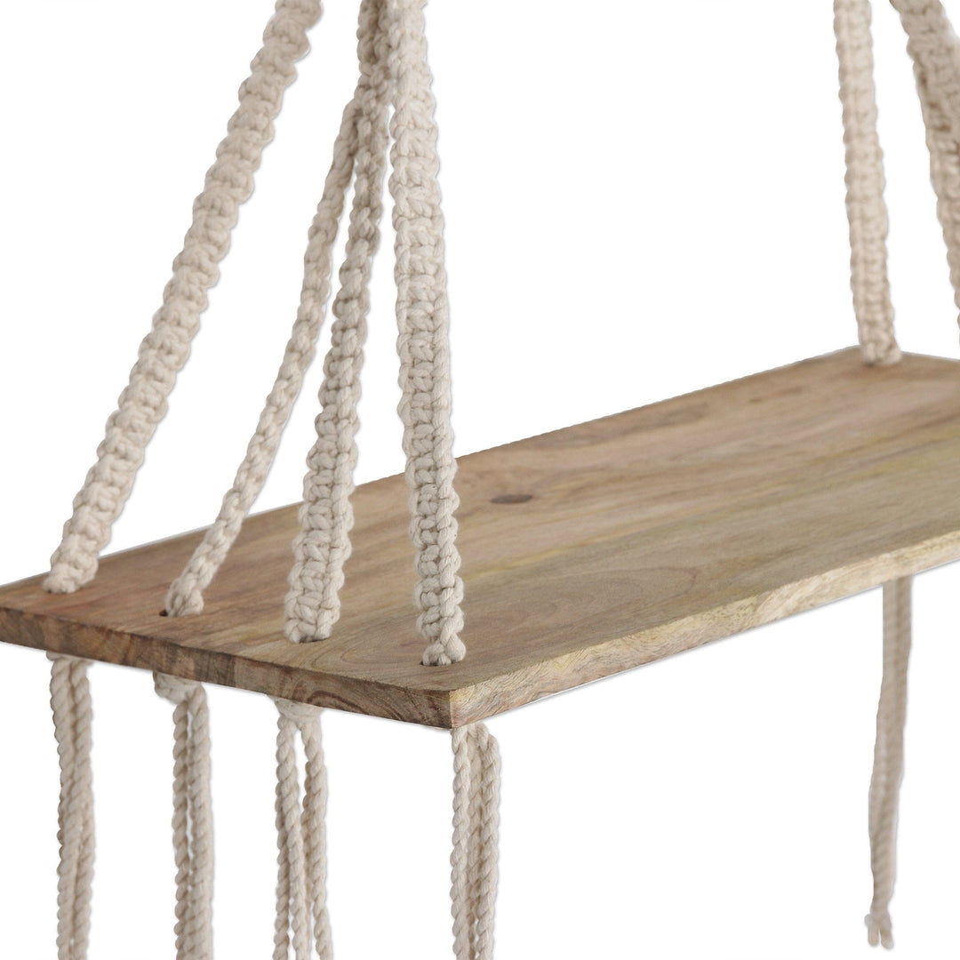 Macrame Cotton and Mango Wood Hanging Shelf - Bohemian Grove
