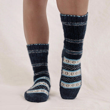 Hand-Knit Midnight Blue Thick Slipper Style Socks from India - Midnight Frost