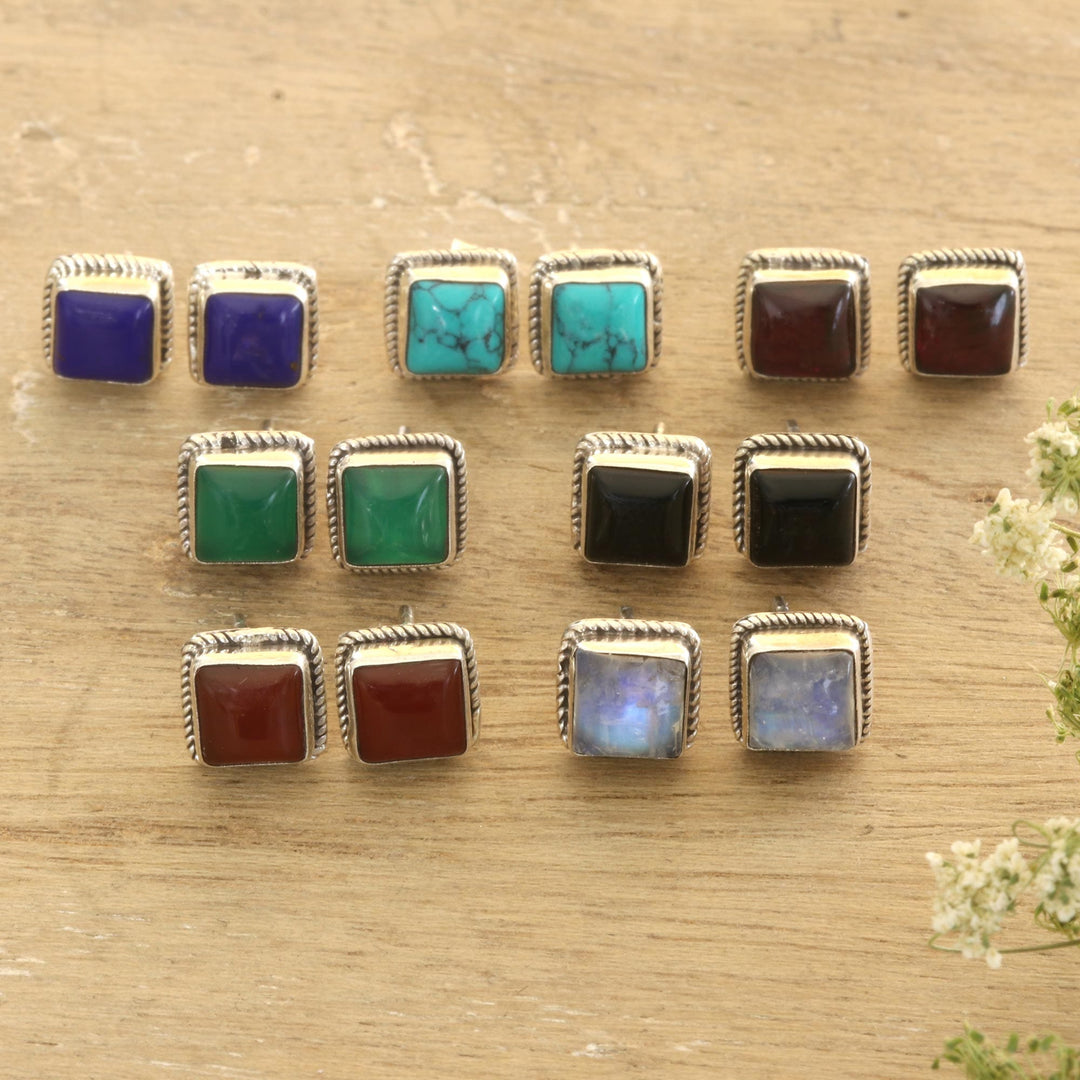 Hand Crafted Square Stud Earrings (Set of 7) - Dazzling Squares