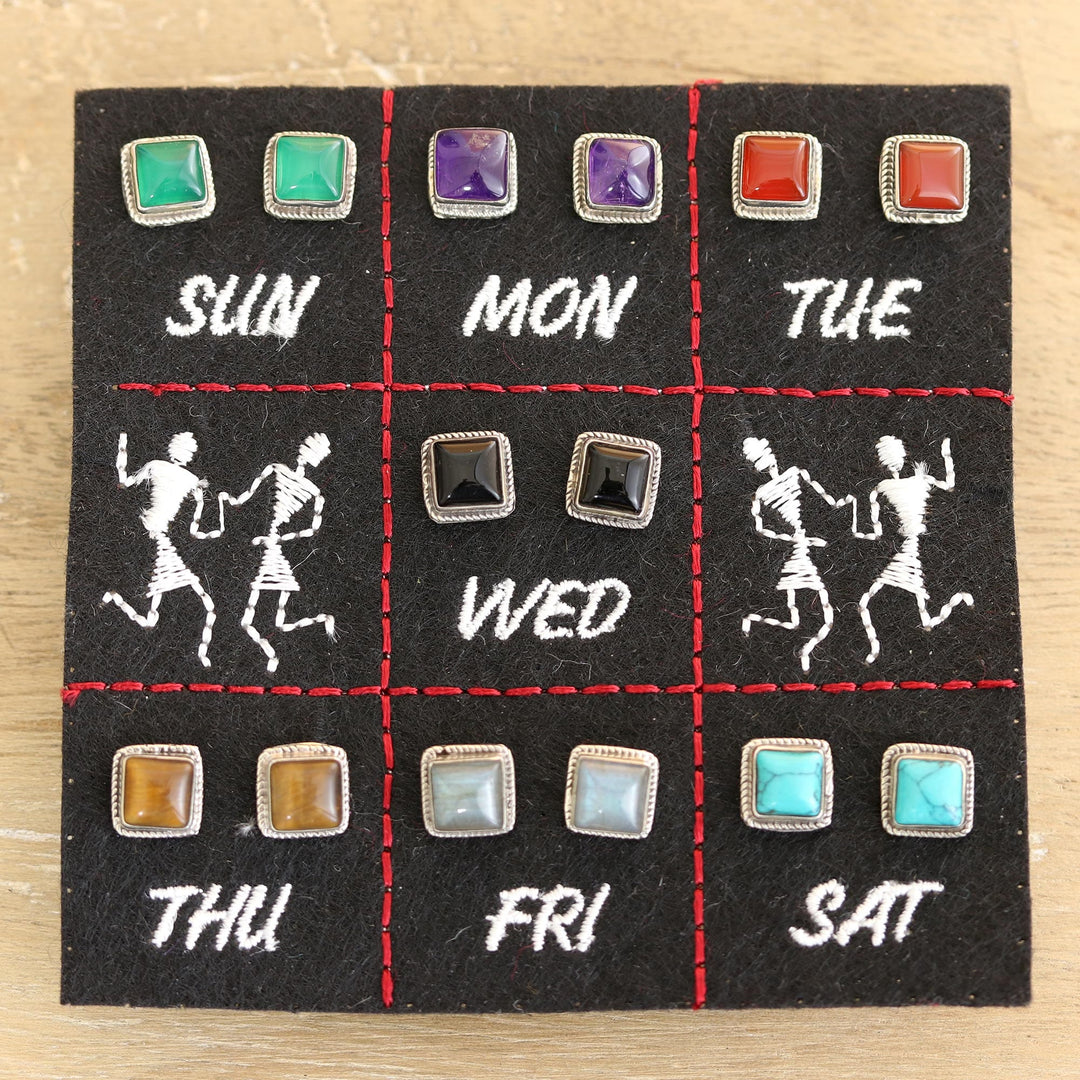 Hand Crafted Square Stud Earrings (Set of 7) - Dazzling Squares