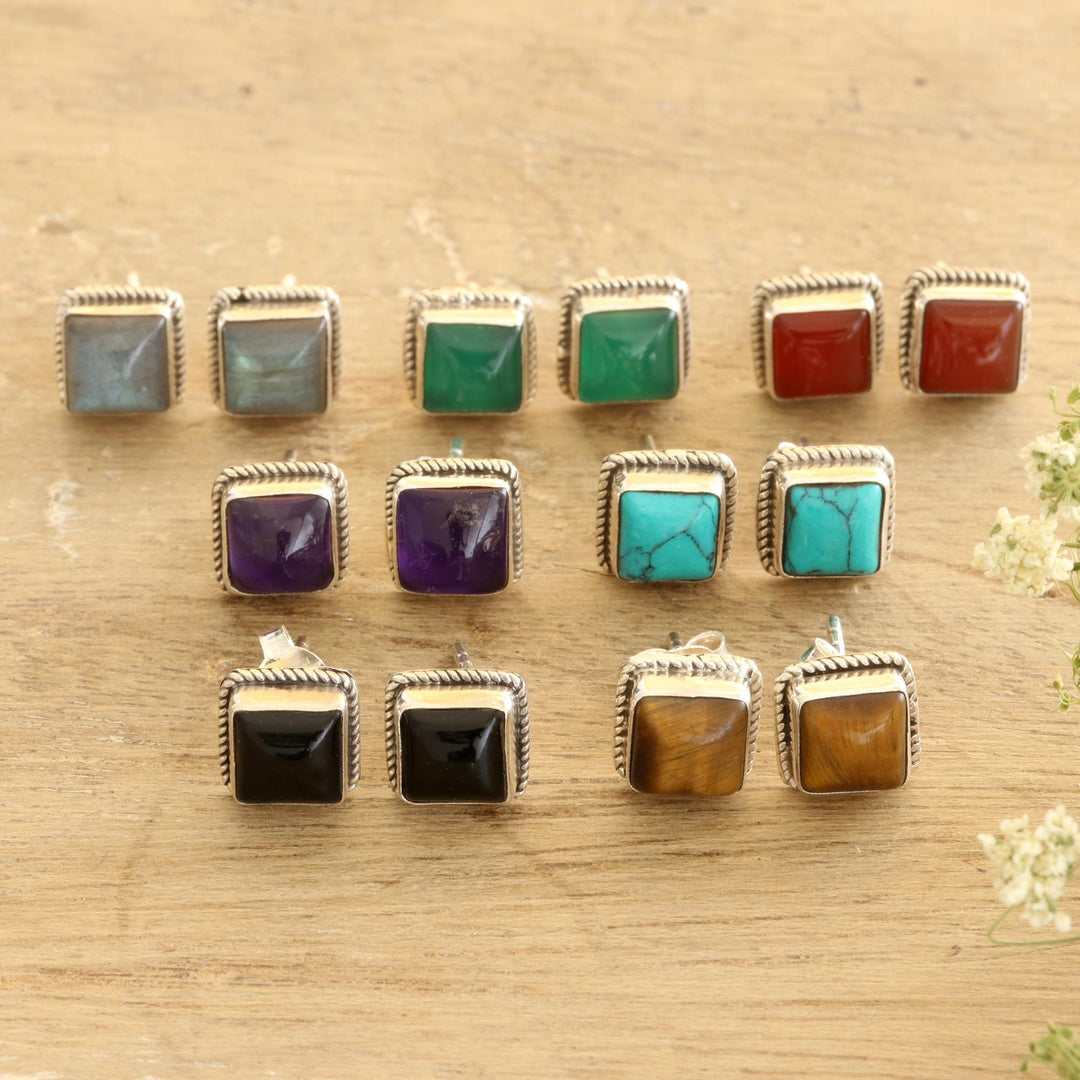 Hand Made Square Stud Earrings (Set of 7) - Color Magic