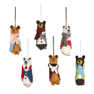 Wool and Glass Beaded Holiday Ornaments - Set of 6 - Cozy Bear Pairs