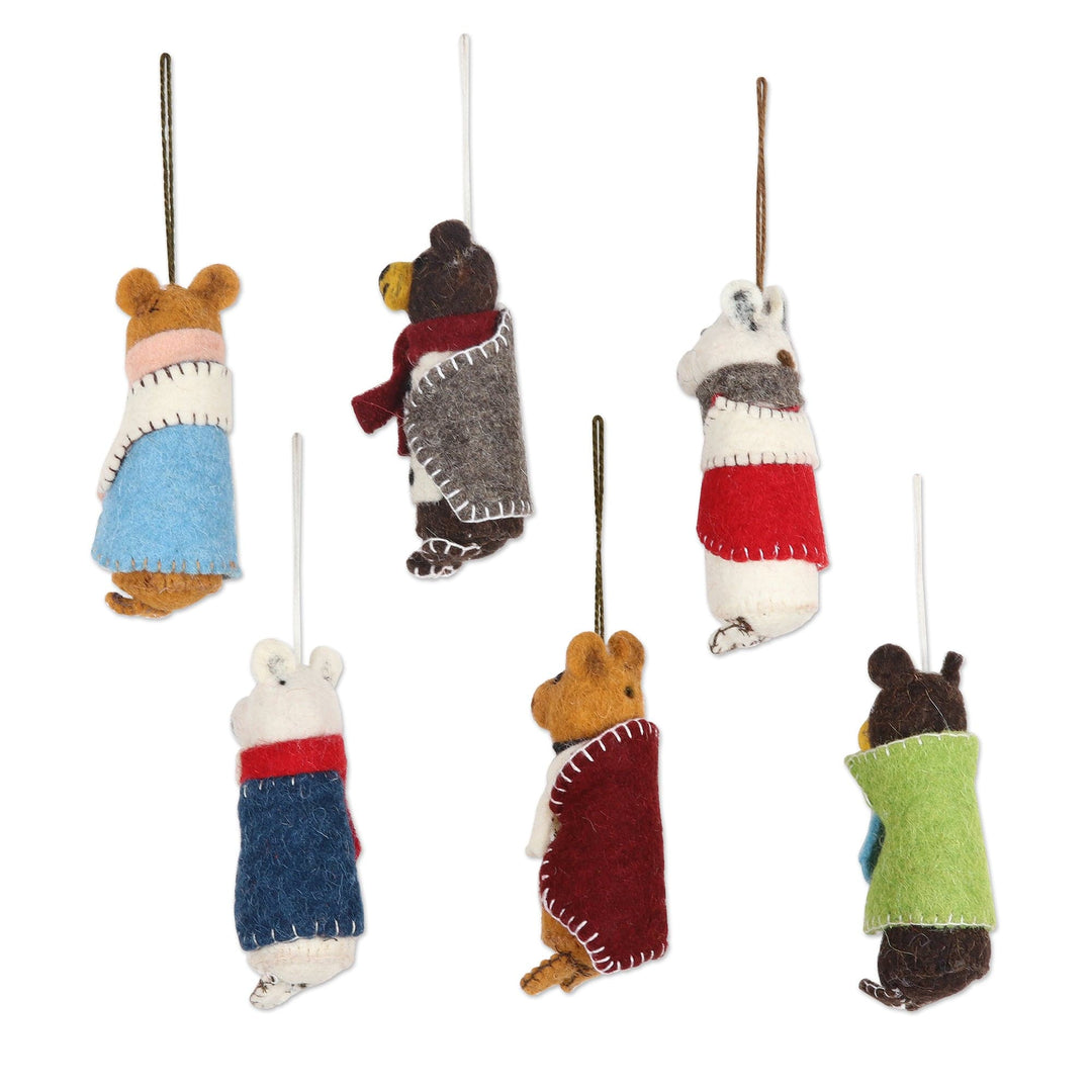 Wool and Glass Beaded Holiday Ornaments - Set of 6 - Cozy Bear Pairs