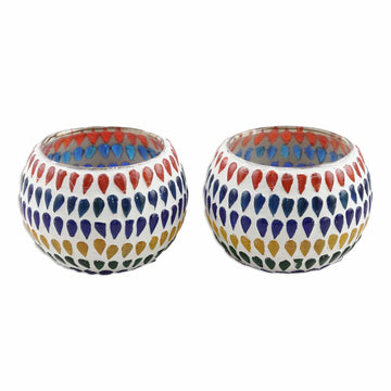Colorful Glass Mosaic Tealight Candle Holders (Pair) - Festive Drops