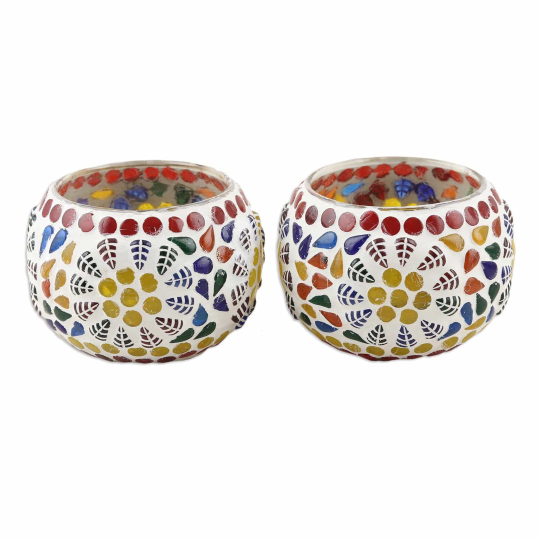 Handmade Glass Mosaic Tealight Candleholders (Pair) - Illuminated Leaves