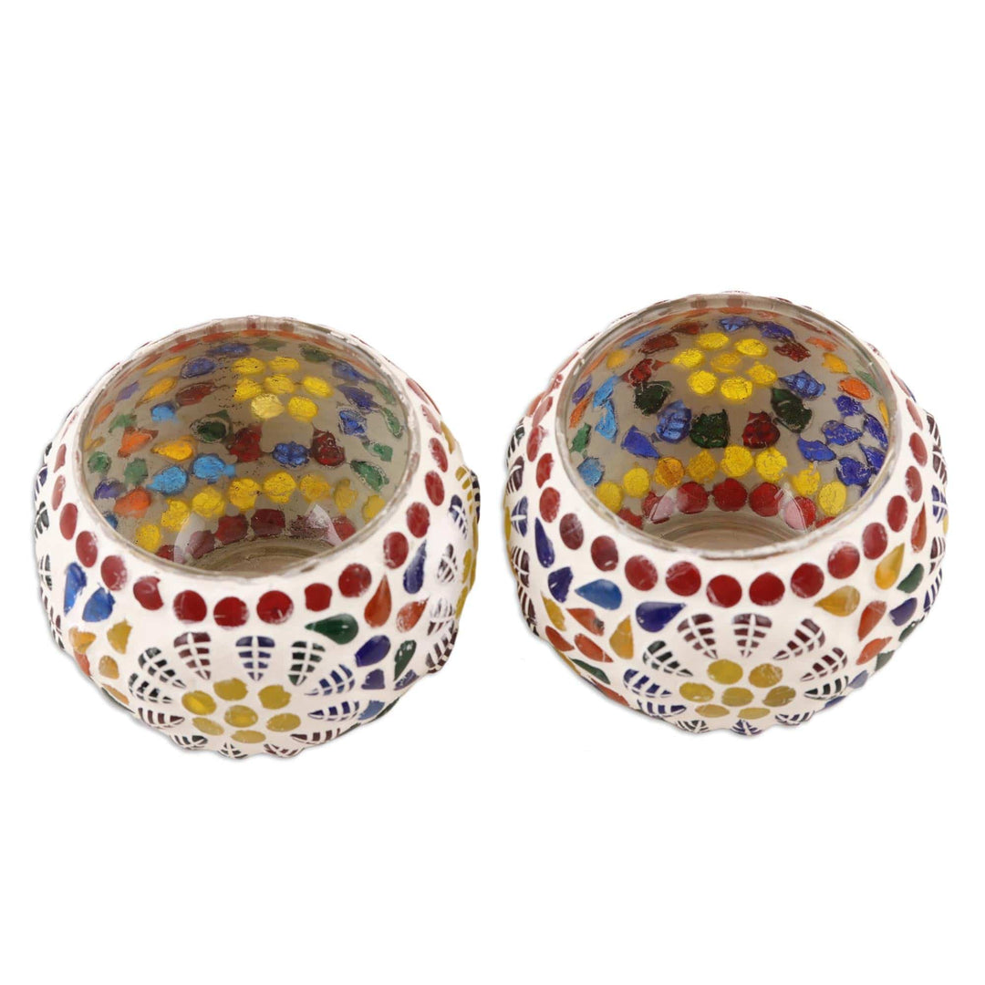 Handmade Glass Mosaic Tealight Candleholders (Pair) - Illuminated Leaves