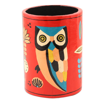 Hand Made Papier Mache Pen Holder - Owl Story in Red