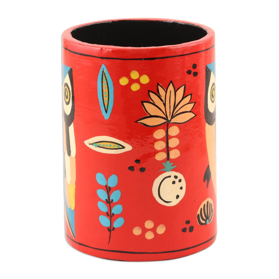 Hand Made Papier Mache Pen Holder - Owl Story in Red