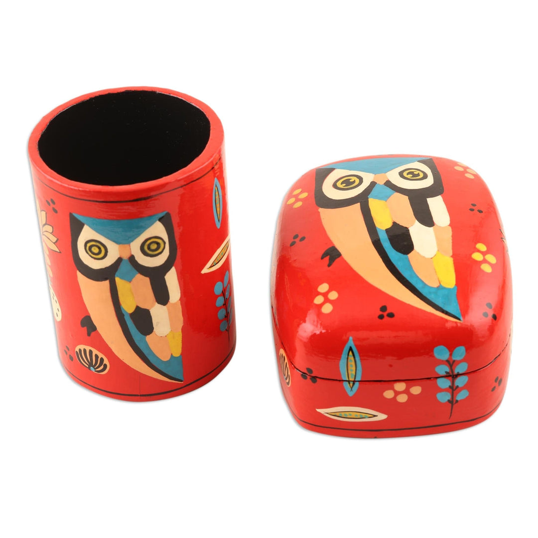 Hand Made Papier Mache Pen Holder - Owl Story in Red