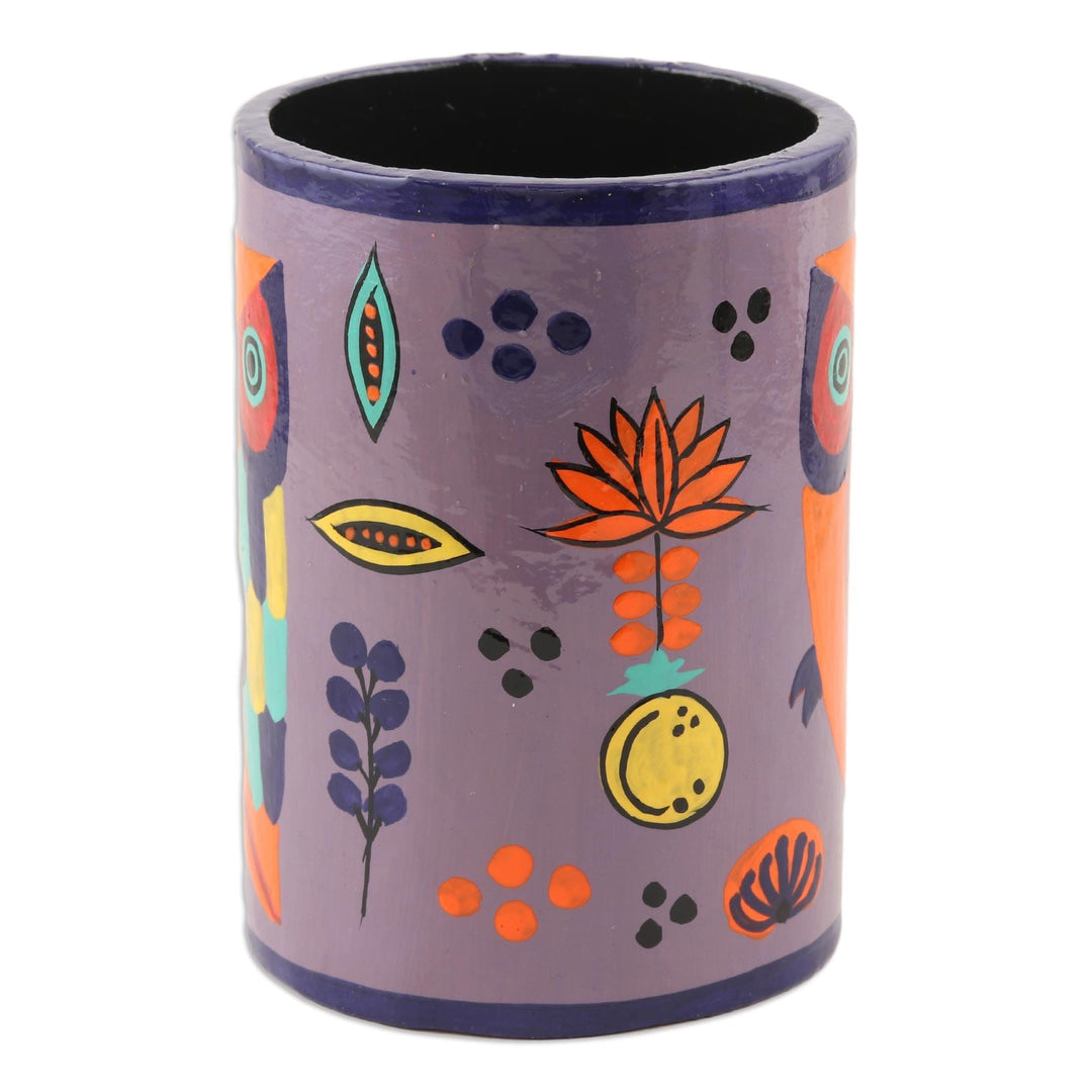 Hand Painted Papier Mache Pen Holder - Owl Story in Dusty Lavender