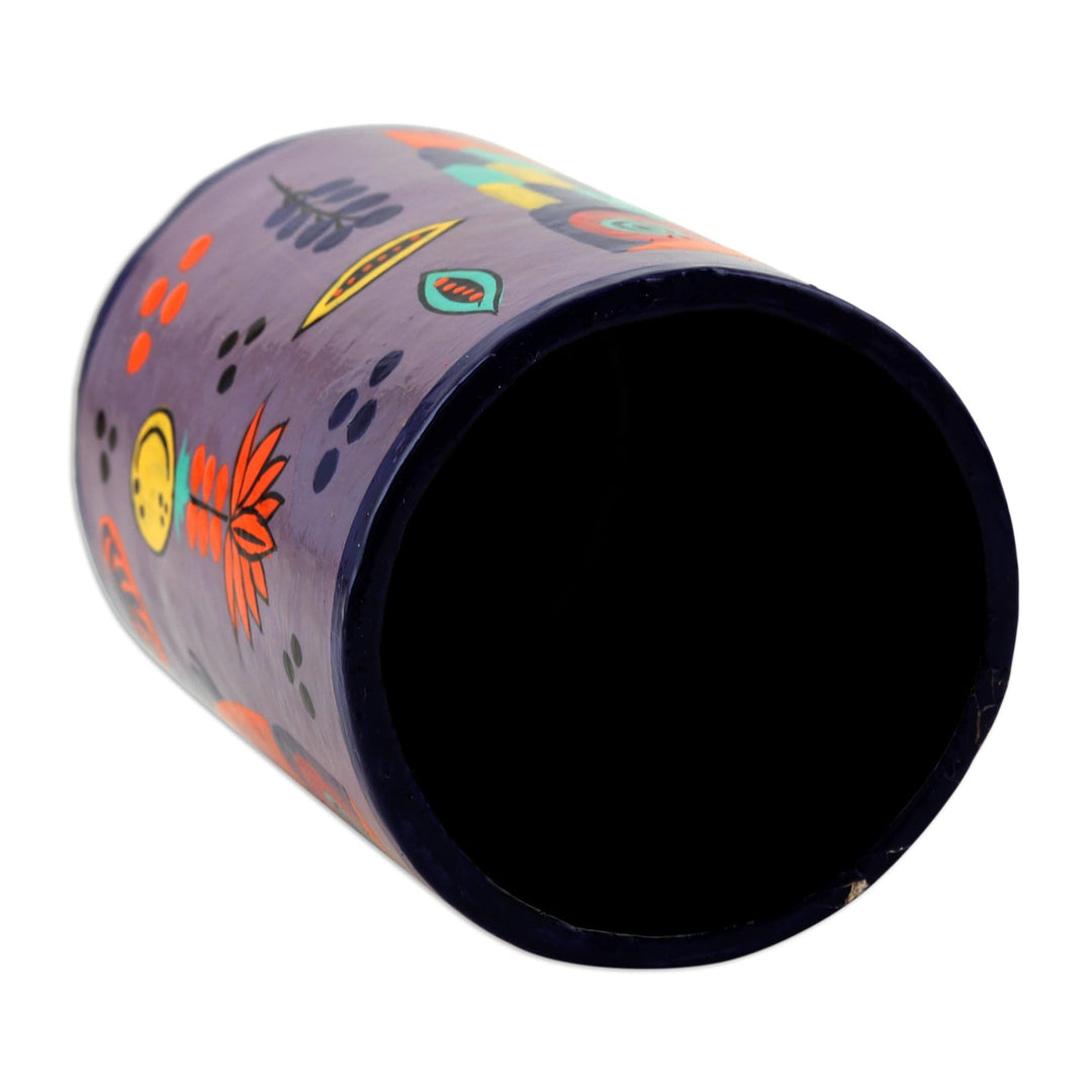 Hand Painted Papier Mache Pen Holder - Owl Story in Dusty Lavender