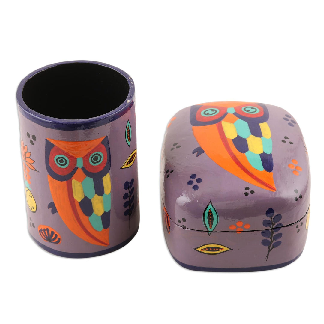 Hand Painted Papier Mache Pen Holder - Owl Story in Dusty Lavender