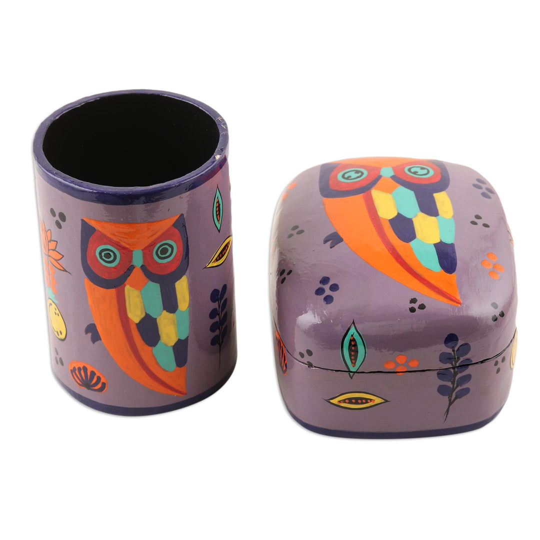 Hand Painted Owl-Themed Decorative Box - Owl Story in Dusty Lavender
