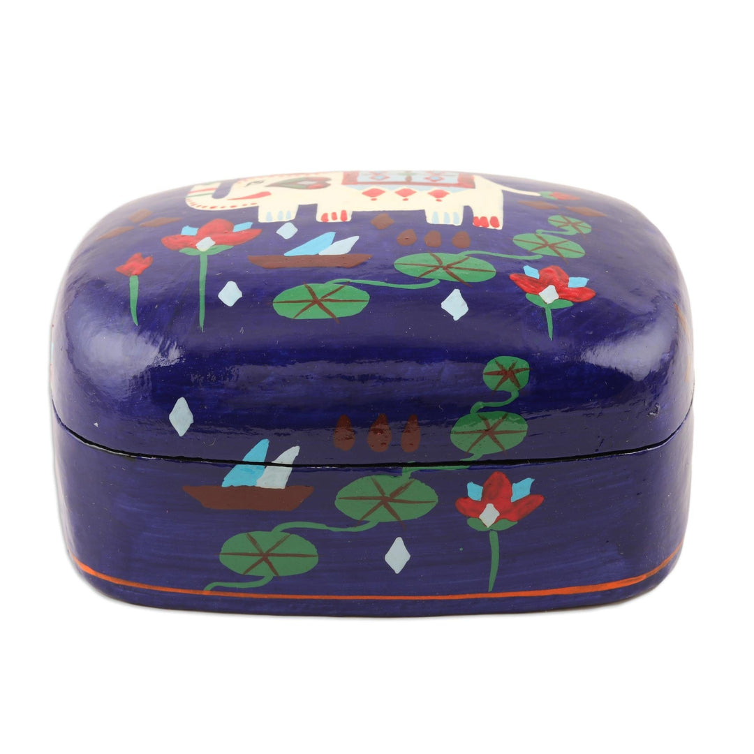 Hand Painted Papier Mache Elephant-Motif Box - Midnight Tale